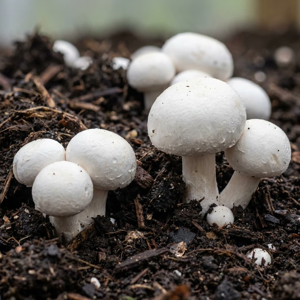 Mushrooms growing in compost